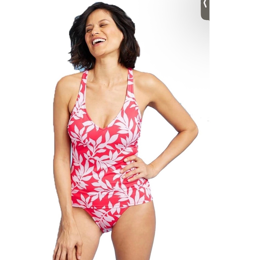 All in Motion Red Leaf Print Strappy Tankini Top UV Protection Plus Size 24W NEW